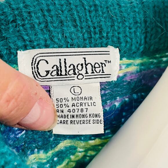 Gallagher Mohair Sweater Womens Large Purple Green Snowflake Abstract Pullover - Picture 9 of 13